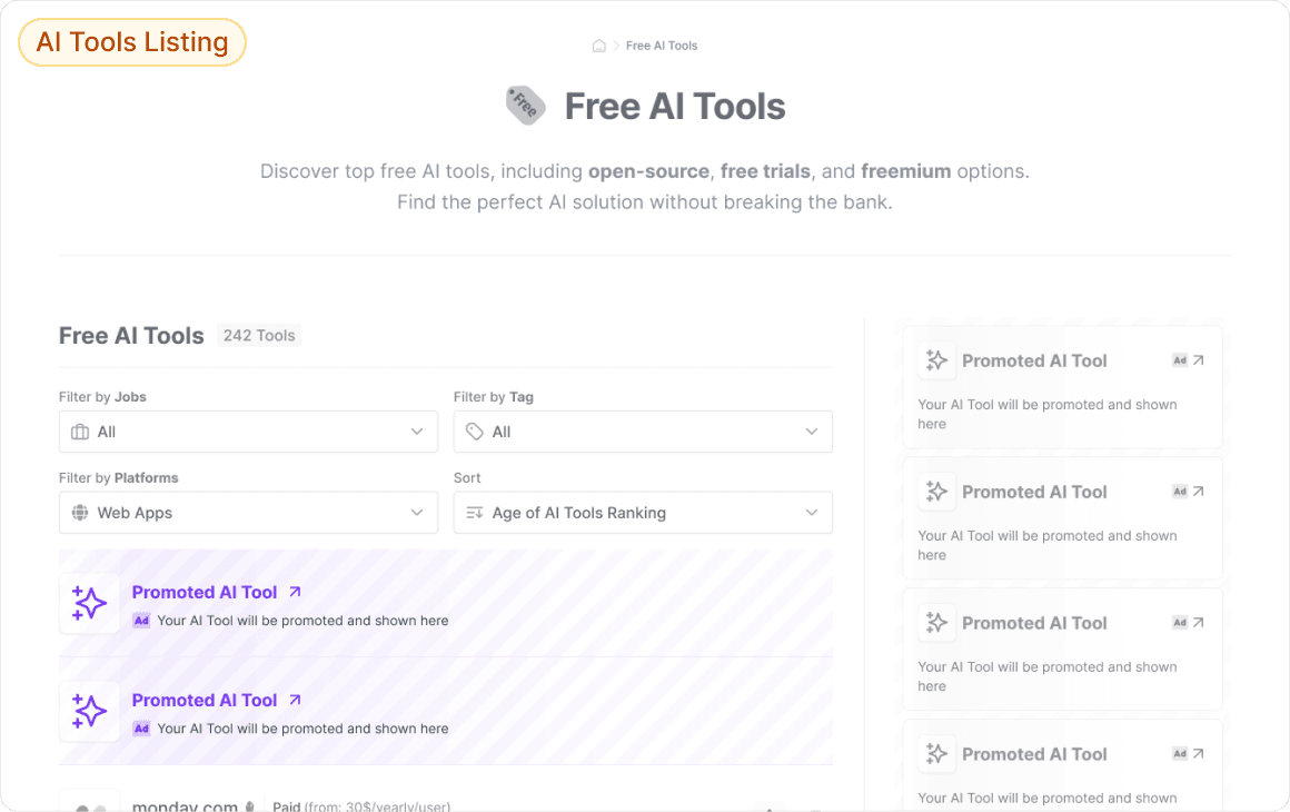 Free AI Tools – Visibility among the most sought-after free AI solutions.